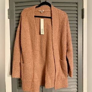 New NWT Badgley Mischka Pink Boucle Knit Open Soft Long Cardigan Pockets Small